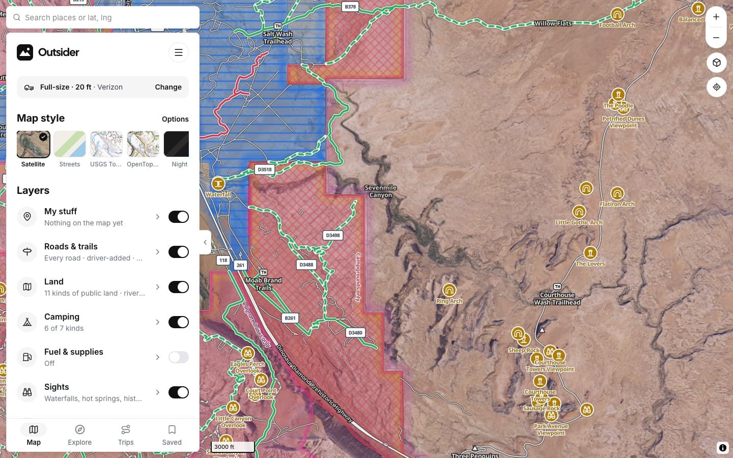 Outsider map of roads near Moab colored by whether they're open