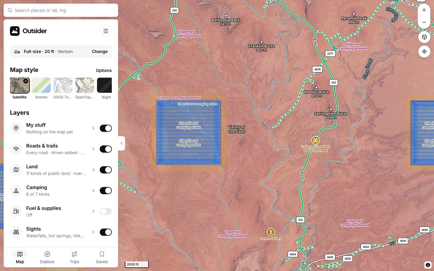 Outsider map of Valley of the Gods, Utah, with dispersed camping areas labelled
