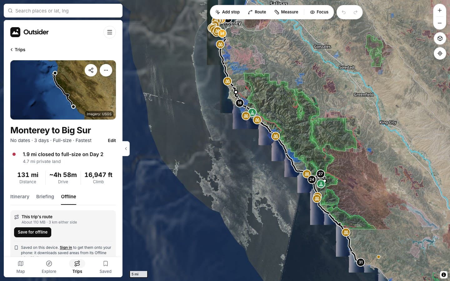 Trip with its Offline tab open