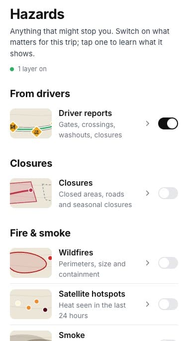 Hazards: driver reports, closures, wildfires, hotspots