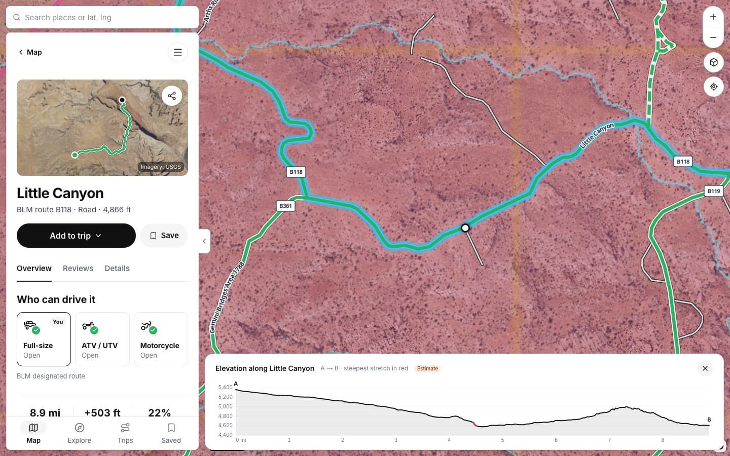 Little Canyon road near Moab with its card and elevation