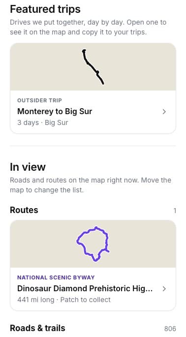 Explore tab: featured trips and routes in view