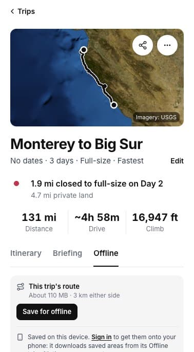 Offline tab: this trip's route, about 110 MB, 3 km either side