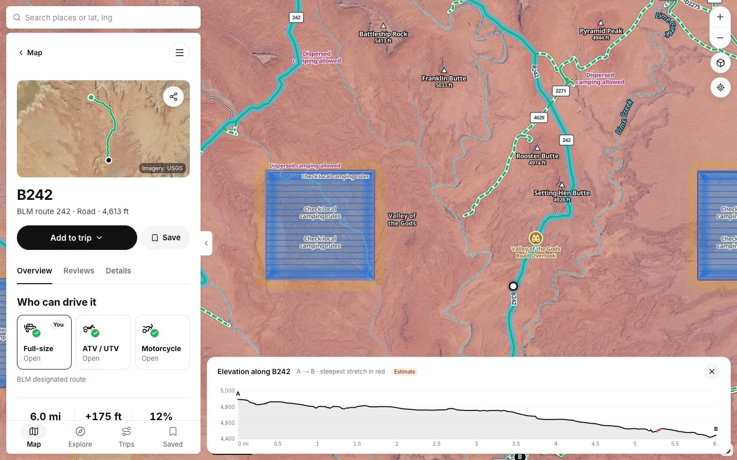Road B242 in Valley of the Gods open on the map, with its card and elevation profile
