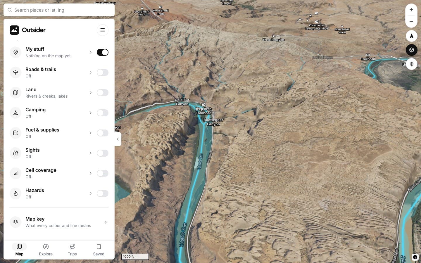 Canyon near Moab in 3D terrain on satellite