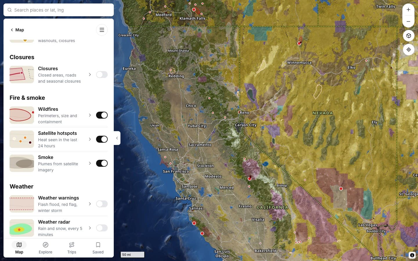 Wildfires and hotspots across California and Nevada