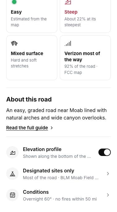 About this road: an easy, graded road near Moab lined with arches