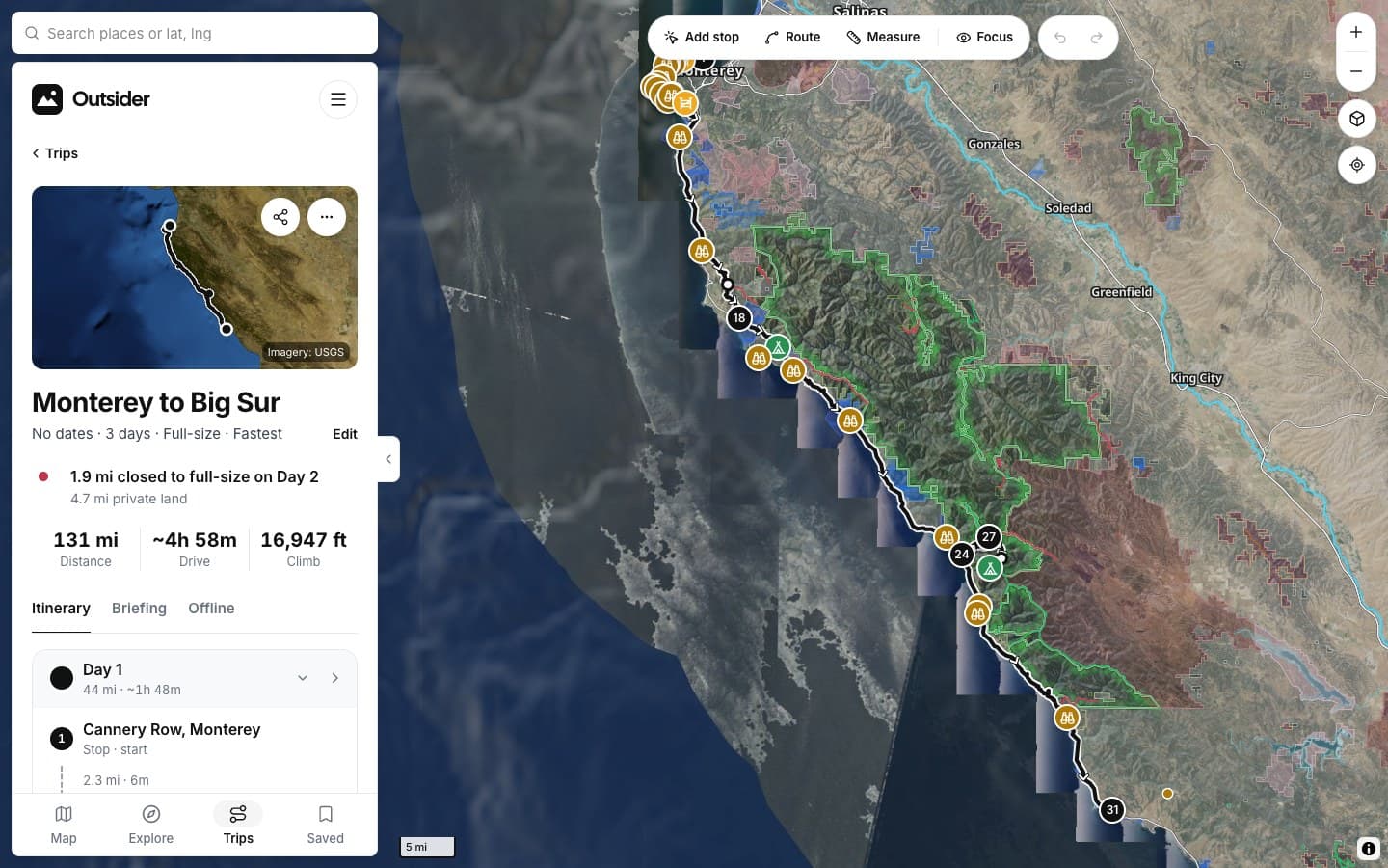 A three-day trip from Monterey to Big Sur drawn on the map