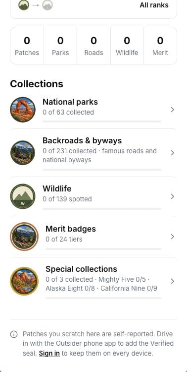 Collections: parks, byways, wildlife, merit badges