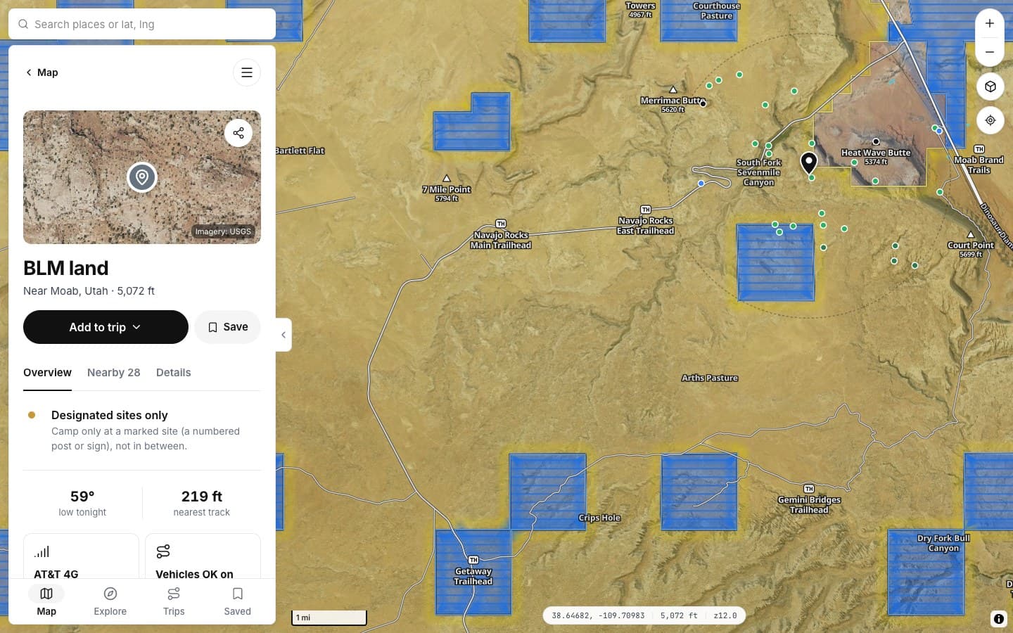 Pin on BLM land near Moab