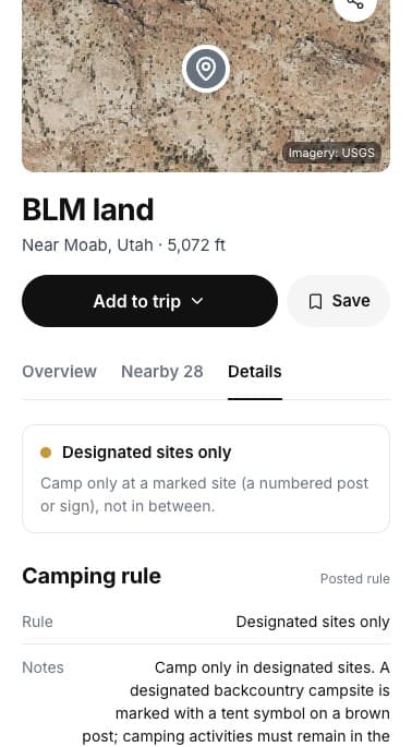 Details: designated sites only, posted camping rule