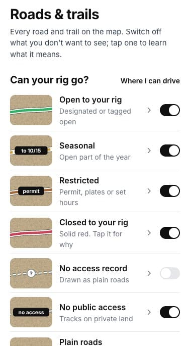 Roads & trails layer: can your rig go