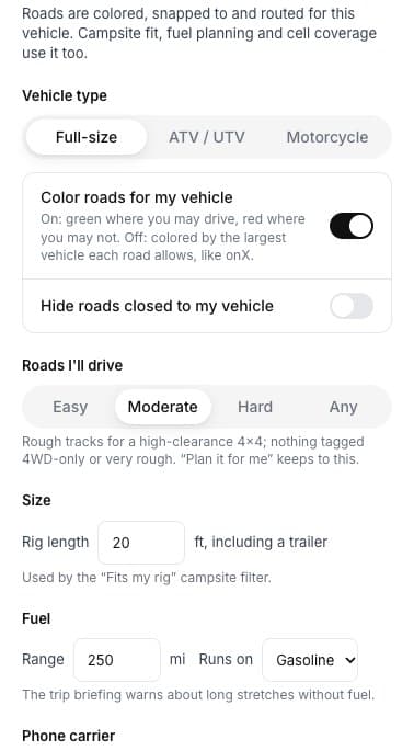 My vehicle settings: full-size, color roads for my vehicle, rig length