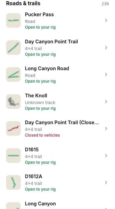 In view list of roads with whether they're open to your rig