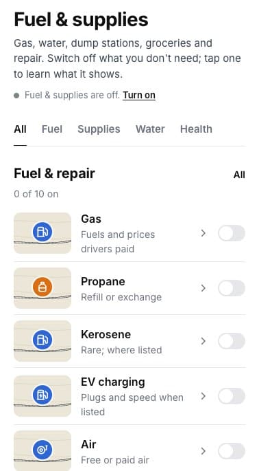 Fuel & repair: gas, propane, kerosene, EV charging, air