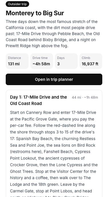 A trip's write-up: distance, drive time, days, climb and day one