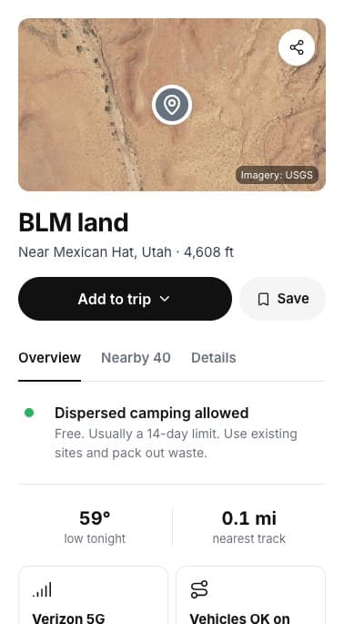 Pin card: BLM land near Mexican Hat, Utah, dispersed camping allowed