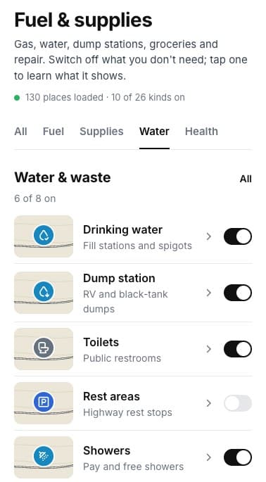Water & waste: drinking water, dump station, toilets, showers