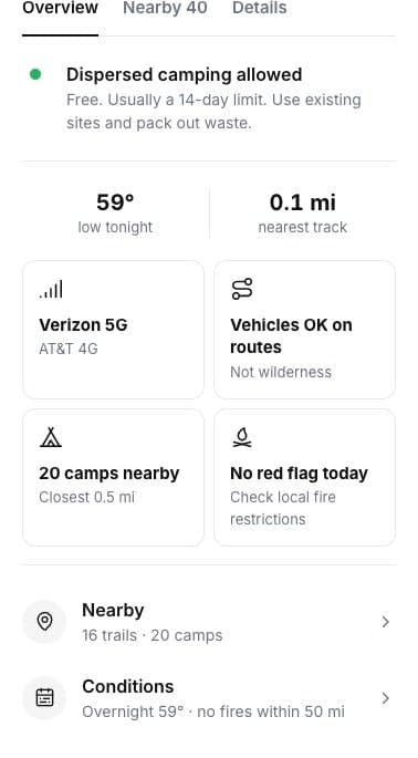 Pin card: low tonight, nearest track, cell signal, vehicles OK, camps nearby, fire restrictions