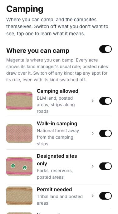The Camping layer list: camping allowed, walk-in camping, designated sites only, permit needed