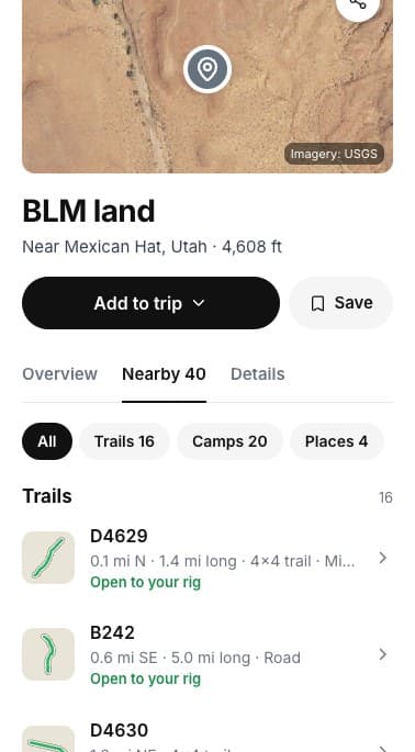 Nearby list for the pin with trails, camps and places