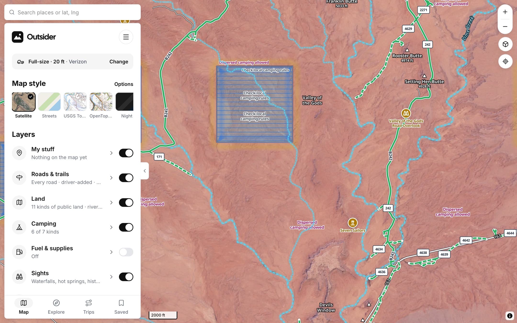 Outsider map of Valley of the Gods, Utah, with dispersed camping areas labelled