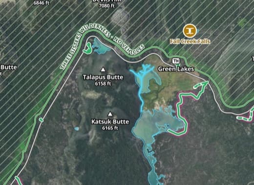 Outsider map close-up: forest boundary and trails at Green Lakes, Oregon
