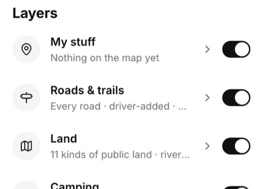 Outsider Layers panel: My stuff, Roads and trails, Land